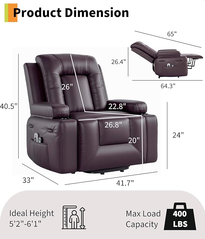 GarveeHome Oversized Electric Lift Recliner Chair - Heat and Massage, PU Leather Power Lift Recliner for Elderly & Mobility Impaired, Adjustable Back and Legs, Heavy Duty Lift Chair for Seniors