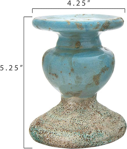 Creative Co-Op Small Distressed Blue Terracotta Pillar Candle Holder