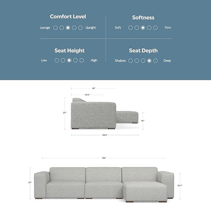 SIMPLIHOME Rex Right-Facing Modular Sectional Sofa in 100% Recycled Polyester Tightly Woven Performance Fabric, Pale Grey, 102-inches Wide, 4-Seater L-Shaped Couch with Right Chaise for Living Room