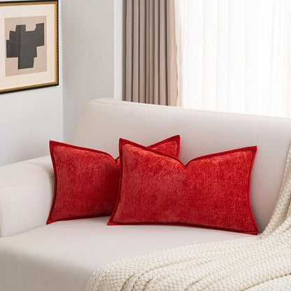 FUTEI Christmas Red Chenille Throw Pillow Covers 12x20 Inch Set of 2,Soft Cozy Bound Edge Design Lumbar Pillow Cases,Home Decor for Couch Bed Living Room