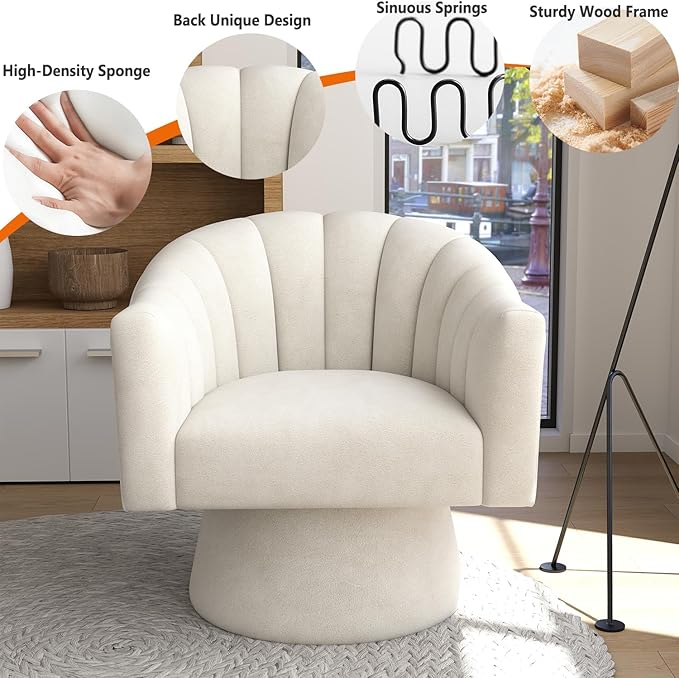 Swivel Accent Chair Set of 2, Upholstered Velvet 360° Swivel Barrel Chair for Living Room Overstuffed Bouncle Reading Chair Round Armchair for Bedroom,Vanity,Office (Beige)
