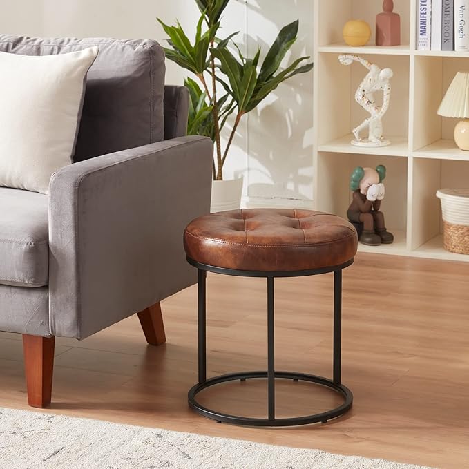 DUHOME Faux Leather Ottoman Stool, Vanity Chair Button Tufted Footrest Stool Makeup Stool with Metal Base for Living Room Bedroom, Yellowish Brown