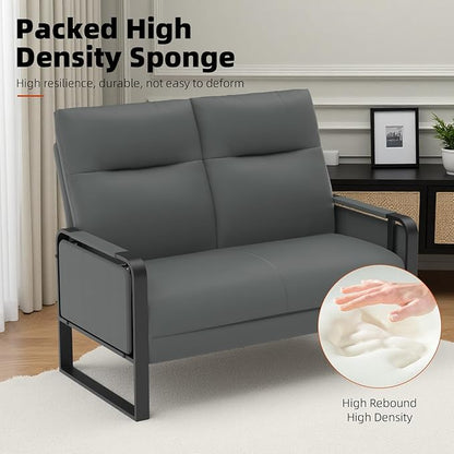 Faux Leather Loveseat, Upholstered Loveseat with Side Tray Table & Storage Pocket, Small Loveseat for Living Room, Modern 2 Seater Sofa Couch for Small Spaces, Bedroom, Gray