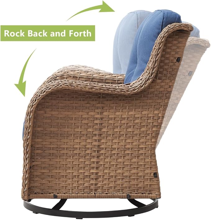 HUMMUH Patio Furniture 7 Pieces Outdoor Furniture Set PE Wicker Patio Couch with Swivel Rocker Chairs,Patio Ottomans,Outdoor Tables, Yellow/Blue