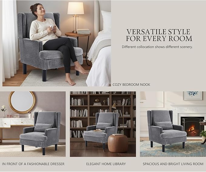 Modern Accent Chair for Living Room Chairs Upholstered Oversized Reading Chair Accent Chairs for Living Room Chair Arm Chair with High Back and Wood Legs,Armchair Comfy Chair for Bedroom(Grey)