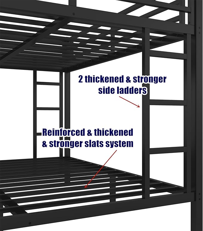 Higher Quality & Stronger Heavy Duty Steel Black Bunk Bed Queen Over Queen Size Bunkbed, Thickened More Stable Safer Metal Bunk Bed (Easier to Assemble)
