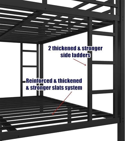 Higher Quality & Stronger Heavy Duty Industrial Style Metal Queen Over Queen Bunk Bed, Thickened More Stable Black Steel Bunkbed (Easier to Assemble)
