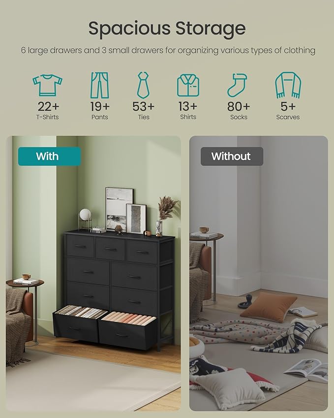 SONGMICS Dresser for Bedroom, Chest of Drawers, Steel, MDF, 9 Non-Woven Fabric Drawers, Storage Organizer Unit, Closet, Entryway, Ink Black and Ebony Black LGS324B01S