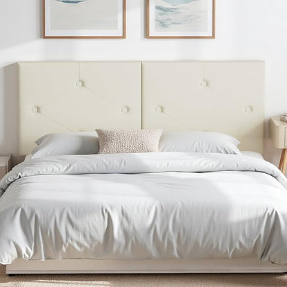 King Size Headboard, Faux Leather Headboard with Solid Wood & Sturdy Metal Legs, Adjustable Height Bed Headboards King Tufted Upholstered in Modern Button Design, Ivory