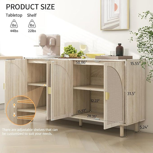 Beige Rattan 4-Door Buffet Cabinet - Boho Style Sideboard with Storage for Dining & Living Room