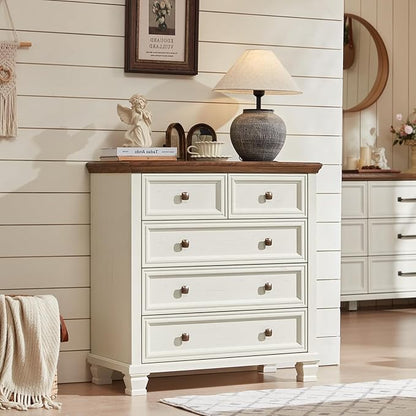Farmhouse Bedroom Dresser and Nightstand Set of 4, 6 Drawer Low & 5 Drawers Dresser & 3 Drawer Nightstand Set with Wooden Legs, Rustic Wood Bedroom Furniture for Livingroom, Hallway, White