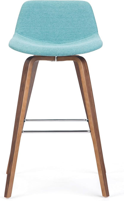 SIMPLIHOME Randolph Counter Stools (Set of 2) - 28 Inch Seat Height Upholstered Bentwood Kitchen Seats in Aqua Blue Linen Look Fabric, Mid Century Modern Seating with Curved Backrest and Footrest