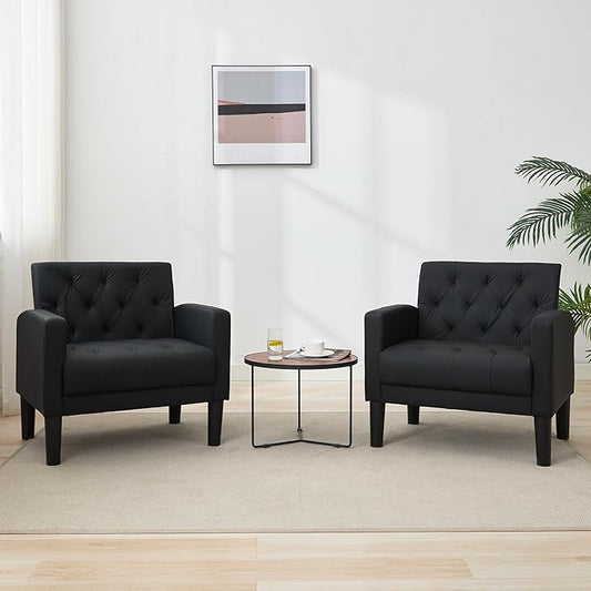 TYBOATLE Leather Chairs Set of 2 Comfy Living Room Chair Black Leather Tufted Mid Century Modern Accent Chair, Small Cozy Reading Arm Chair for Office, Bedroom