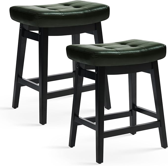 Counter Height Bar Stools Set of 2 for Kitchen Counter Farmhouse Modern Barstools with Faux Leather Upholstered Backless Seat and Solid Wood Legs 24 inch Bar Chairs, Green + Black