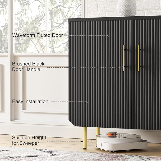 Set of 2 Fluted Black Storage Cabinets, Modern 3-Door Sideboard Buffet Cabinet with Adjustable Shelves and Metal Legs, Accent Cabinet for Kitchen, Living Room, Entryway (Black & Gold)