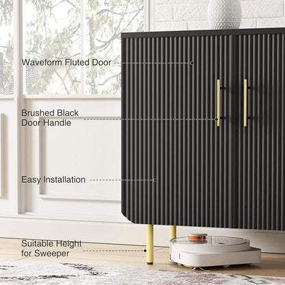 Set of 2 Fluted Black Storage Cabinets, Modern 3-Door Sideboard Buffet Cabinet with Adjustable Shelves and Metal Legs, Accent Cabinet for Kitchen, Living Room, Entryway (Black & Gold)