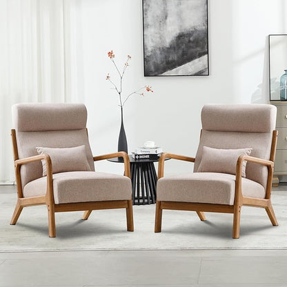 Accent Chair Mid Century Modern Chair Linen Fabric Living Room Chairs with Solid Wood Frame Comfy Upholstered and Lumbar Pillow Reading Side Chair Easy Assembly for Bedroom (1, Beige)