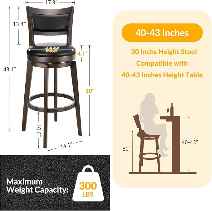 PrimeZone Swivel Bar Stools Set of 1, 30 Inch Bar Height Barstools, Black Faux Leather Bar Stool with High Backrest & Solid Wood Legs & Wrap-Around Footrest, Counter Stools for Kitchen Island, Pub