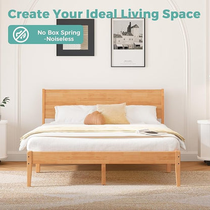 Queen Bed Frame with Headboard, Malaysian Oak Queen Bed Frame No Box Spring Needed, Farmhouse Platform Bed Frame with 12 Slats Support, Easy Assembly, Rustic Pine