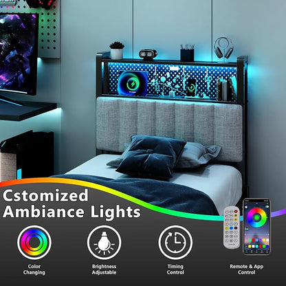 VINGLI Twin or Twin XL Size Headboard, Adjustable Upholstered Headboard with 2 Tier Shelves and Pegboard with Charging Stations and LED Lights, Modern Bed Headboard with Storage for Bedroom Decor