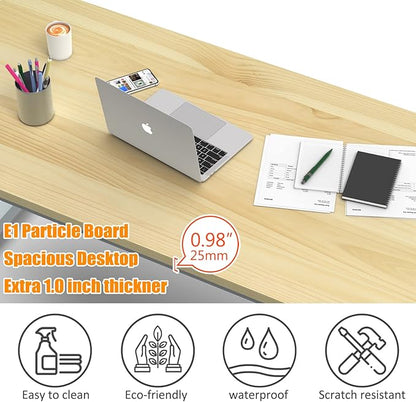NSdirect 63" Computer Desk,Large Home Office Desk Wide Workstation 1 inch Thicker Tabletop for Writing,Games and Home Work PC Desk Modern Finish Wood Board and Sturdy Steel Legs,Oak+White