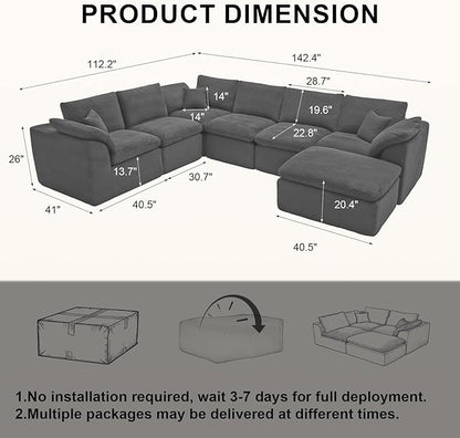 143" Cloud Sectional Couch, Boneless couches for Living Room, 7 Seater Large Modular Sectional Sofa with Deep Seat, Comfy Soft Cushions, No Assembly, Gray