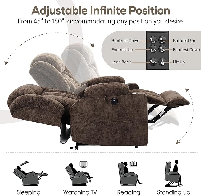 ABCASA Large Dual Motor Lay Flat Power Lift Recliners Chair for Elderly with Heat ＆ Massage, Comfortable Chenille Recliner, USB-A ＆ C, Cup Holder, Side Pocket, Brown