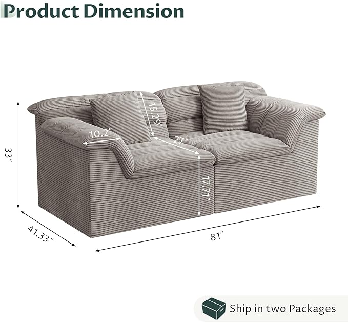 81" Sofa with Deep Seats Oversize, 2 Seater Cloud Couches, Upholstered Corduroy Loveseat for Living Room Bedroom, No Assembly Required, Light Gray