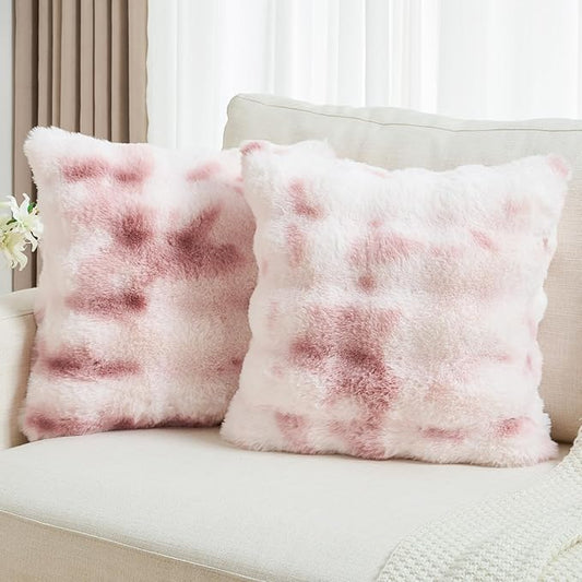 FUTEI Pink White Decorative Throw Pillow Covers 16x16 Inch Set of 2,Soft Fuzzy Faux Rabbit Fur Cushion Covers with Raised Texture,Neutral Boho Home Decor for Couch Bed Living Room