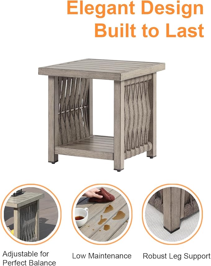 Outdoor Side Table, Aluminum Square Patio Side Table, 2-Tier Rope Weave Outdoor End Table with Adjustable Legs, Outside Furniture Patio Table for Garden, Pool, Balcony, Decks, Gray Oak