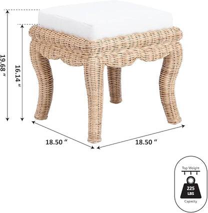 JONATHAN Y VSL1000A Rowan 19.7" Bohemian Designer Woven Rattan/Wood Vanity Stool, White Cushion with Natural Frame, for Living Room, Bedroom, Entryway, Foyer