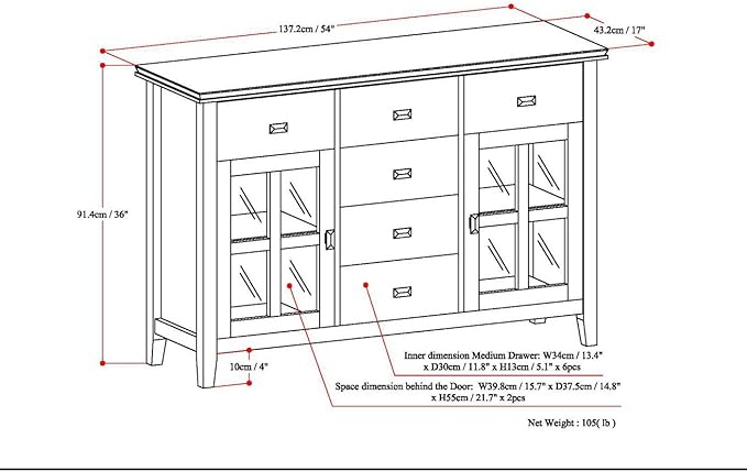 SIMPLIHOME Artisan Buffet - 54 inch Wide Solid Wood 3-Door Sideboard Buffet in Dark Chestnut Brown, Transitional Storage Cabinet for Dining Room or Kitchen with Adjustable Shelves and Bronze Hardware