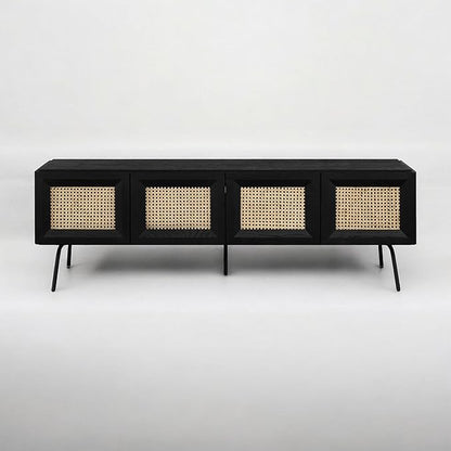NTC Mossic TV Media Cabinet with 4 Doors for TVs, Entertainment Center with Natural Rattan, Metal Legs, Modern Storage Console for Living Room and Bedroom, Effortless Assembly, Burnt Black