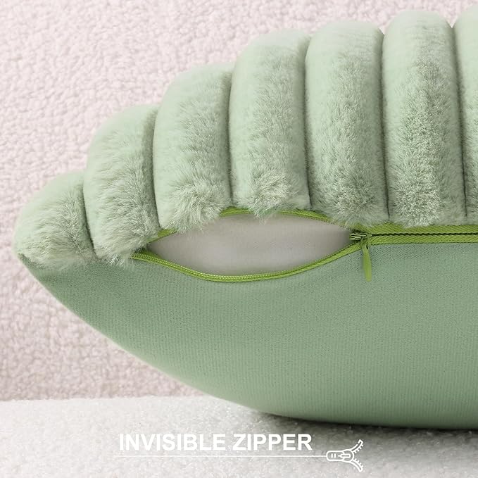 Pallene Faux Fur Plush Throw Pillow Covers 16x16 Set of 2, Luxury Soft Fluffy Striped Decorative Pillow Covers for Sofa, Couch, Living Room, Sage Green