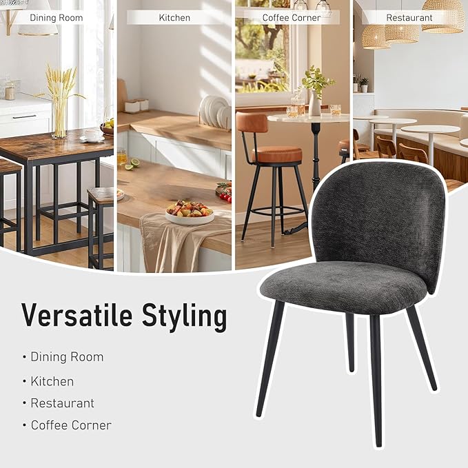 Upholstered Dining Chairs Set of 2, Modern Kitchen Side Chair with Padded Seat Comfortable Chenille Fabric Study Black Matel Legs,Desk Chair with Back for Dining Rooms, Black