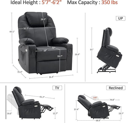 MCombo Large Power Lift Recliner Chair with Massage and Heat for Tall Elderly People, 3 Positions, Cup Holders, and USB Ports, Faux Leather 7516 (Large, Black)