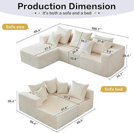 100.7 Inch Cloud Sectional Couch, Boneless Sofa for Living Room, Corduroy Modular Couch with L Shape Chaise, Modern Compressed Sofa in a Box, Memory Foam Filling (Beige)