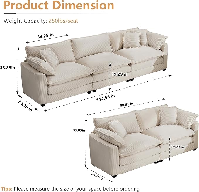 mikibama Luxury 3 Piece Sofa Set, 3-Seater & 2 Loveseat Couch Set, Modern Corduroy Comfy Cloud Couches Set for Living Room Office with 6 Armrest Pillows and 7 Toss Pillows, Beige