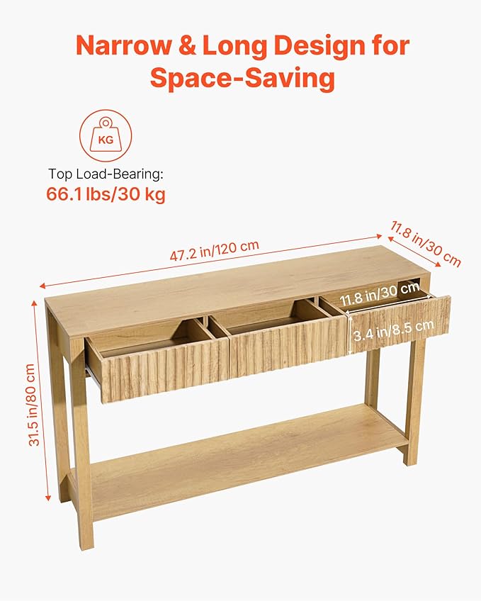 VEVOR 47 in Console Table, Farmhouse Desk Behind The Couch with Drawers and Bottom Storage Shelf, Wooden Rectangle Entrance Narrow Sofa Table for Hallway, Bedroom, Living Room, Foyer, Burlywood