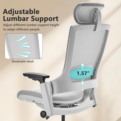 CLATINA Ergonomic High Swivel Executive Chair with Adjustable Height Head 3D Arm Rest Lumbar Support and Upholstered Back for Home Office Studio, Gray Mesh, 2 Pack