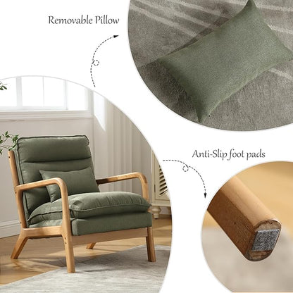 INZOY Accent Chairs Set of 2, Mid Century Modern Accent Chair with Wood Frame, Upholstered Reading Armchair with Waist Cushion, Side Chair for Living Room Bedroom Office, Easy Assembly, Green