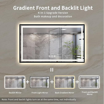 LED Mirror, 60x36 Inch Black Framed Gradient Front and Backlit Bathroom Mirror Black Frame, 3 Colors Dimmable CRI>90, IP54 Enhanced Anti-Fog Wall Mounted Bathroom Vanity Mirror