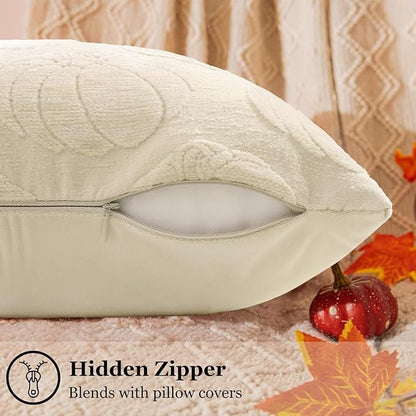 decorUhome Decorative Beige Pumpkin Thanksgiving Throw Pillow Covers 18x18 Set of 2, Soft Chenille Jacquard Farmhouse Textured Pillow Covers for Couch Bed Sofa Autumn Harvest Halloween Holiday