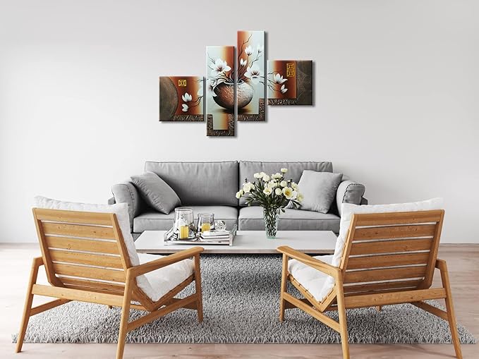 Wieco Art -Stretched and Framed 100% Hand-painted Modern Canvas Wall Art Stretched and Framed Elegant Flowers for Home Decoration Floral Oil Paintings on Canvas 4pcs/set