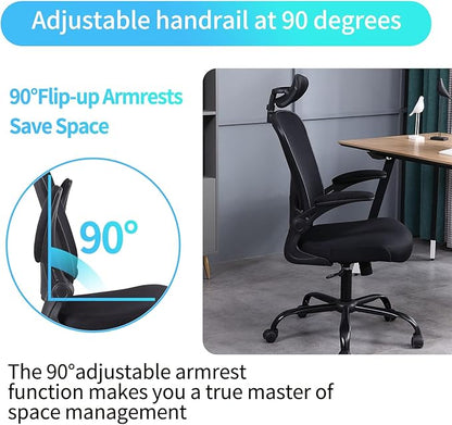 Flysky Ergonomic Office Chair, Mesh Home Office Desk Chair with Flip-up Arms and Lumbar Support, Height Adjustable, Swivel, Black-Headrest