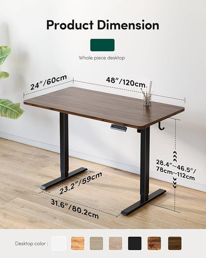 FEZIBO One-Piece Standing Desk Adjustable Height Stand up Home Office Desk, 48x24 Inch Electric Standing Computer Desk, with 4 Memory Presets, Headphone Hook, Black Walnut