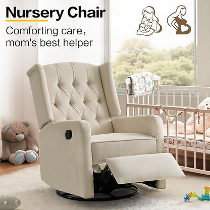 ABAKAN Swivel Rocker Recliner Chair, 360 Degree Nursery Rocking Recliner, Linen Glider Chair with Button Tufted Wingback Chair, for Living Room, Bedroom,Ash Beige