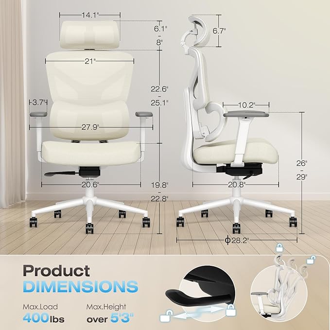 Ergonomic Office Chair, High Back Mesh Desk Chair with 4-Position Height Adjustable Back, 3D Armrests, Adaptive Lumbar Support, 3-Level Tilt Function, 3D Headrest, Comfy Computer Gaming Chairs