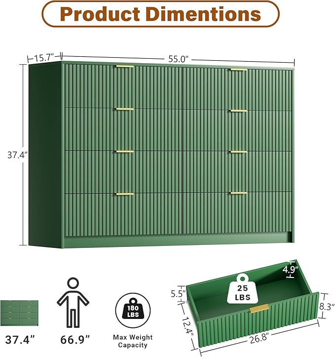 Green Dresser for Bedroom, Modern Dresser with 8 Drawers and Smooth Slides, Wide Chest of Drawers with Golden Handles for Bedroom, Closet, 15.7" D x 55" W x 37.4" H