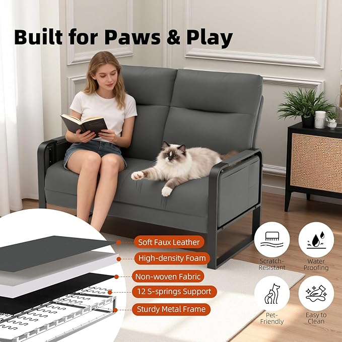 Faux Leather Loveseat, Upholstered Loveseat with Side Tray Table & Storage Pocket, Small Loveseat for Living Room, Modern 2 Seater Sofa Couch for Small Spaces, Bedroom, Gray